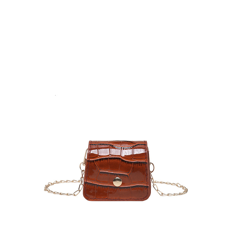 Glossy Brown Croc Embossed Mini Square Crossbody Bag Gold Snap Button Thin Metal Chain Strap Tiny Coin Purse Lipstick Storage Shoulder Handbag - view 6