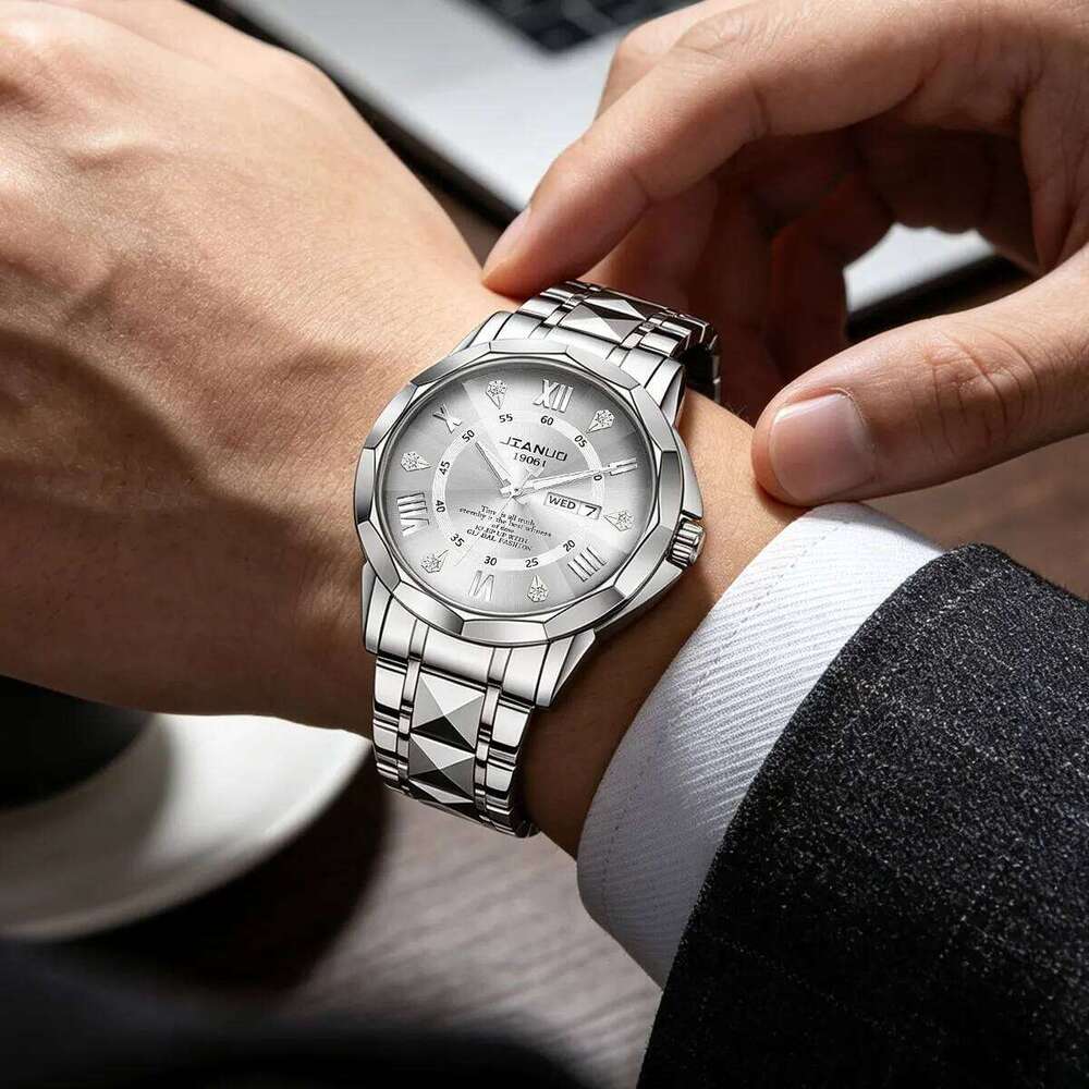 Business casual men's steel band luxury diamond-set date calendar double display luminous quartz watch men - view 5
