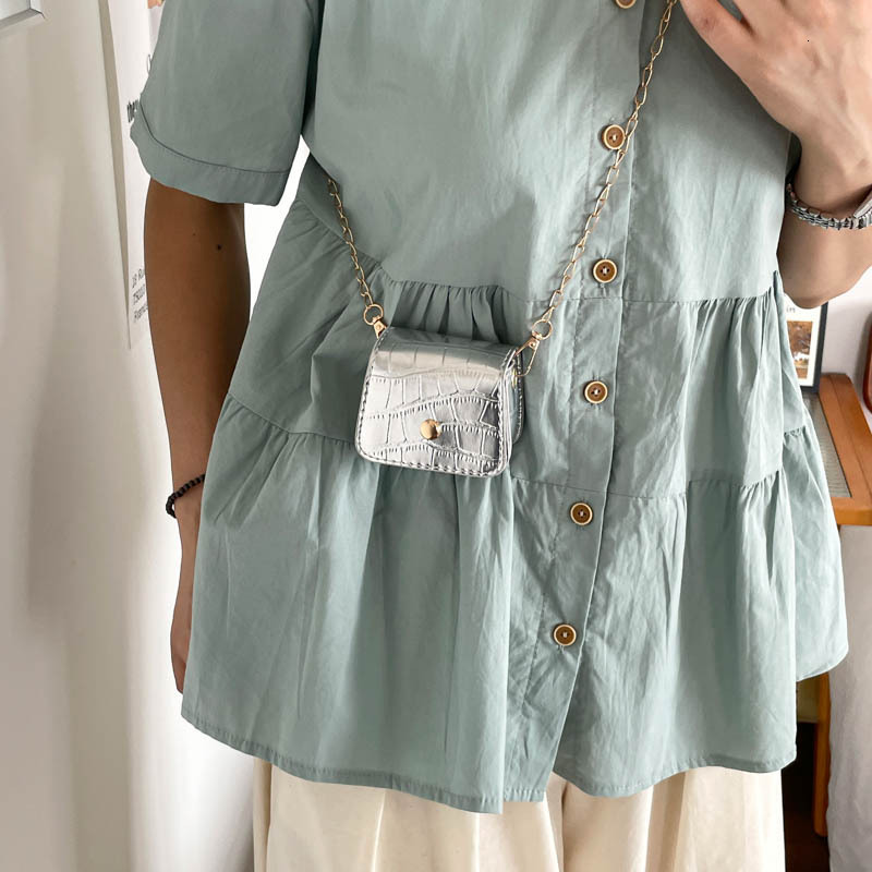 Glossy Brown Croc Embossed Mini Square Crossbody Bag Gold Snap Button Thin Metal Chain Strap Tiny Coin Purse Lipstick Storage Shoulder Handbag - view 4