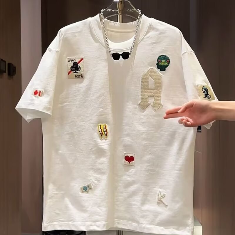 Luxury Designer Multi Patch Embroidery Tee Mixed Skull Heart Poker Graphic Soft Cotton Oversized Short Sleeve Tees Unisex High End Streetwear Daily Su - view 5