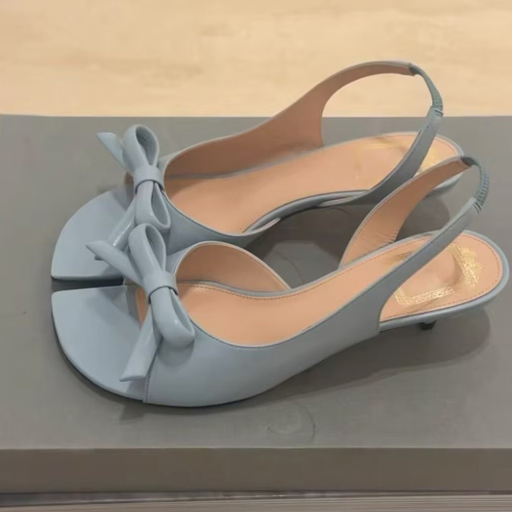 2026 Girlish French-Style Gentle Bow-Tie Open-Toe Sandals In Light Blue, Fashionable Square-Toed Side-Cut High For Women With Thin Heels