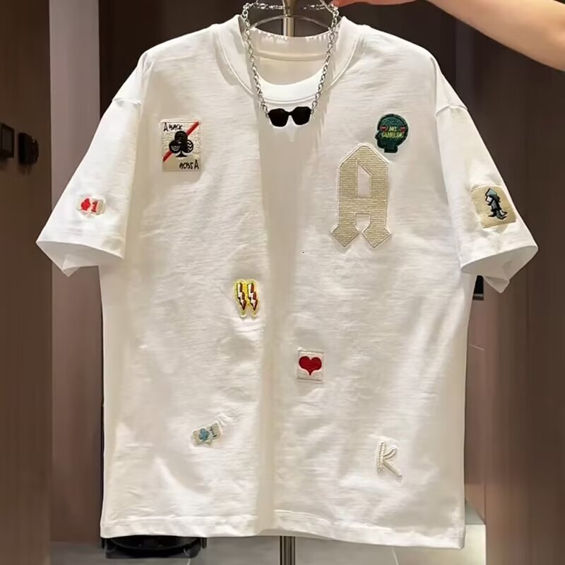 Luxury Designer Multi Patch Embroidery Tee Mixed Skull Heart Poker Graphic Soft Cotton Oversized Short Sleeve Tees Unisex High End Streetwear Daily Su - view 6