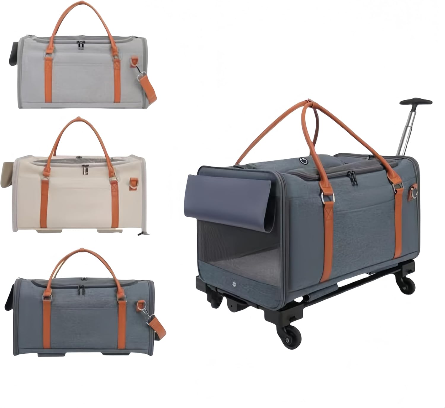LBY Rolling Pet Trolley Carrier with Removable Wheel Base, Breathable Oxford Pet Travel Bag, Portable Hand Tote for Small Medium Cats Dogs