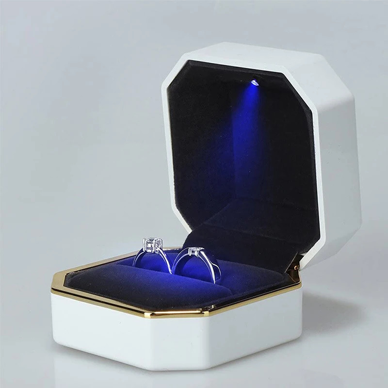 Double Ring Box Wedding Square Velvet Ring Case Organizer Jewelry Gift Box With Led Light For Proposal Engagement Ring Boxes 260701 - view 4