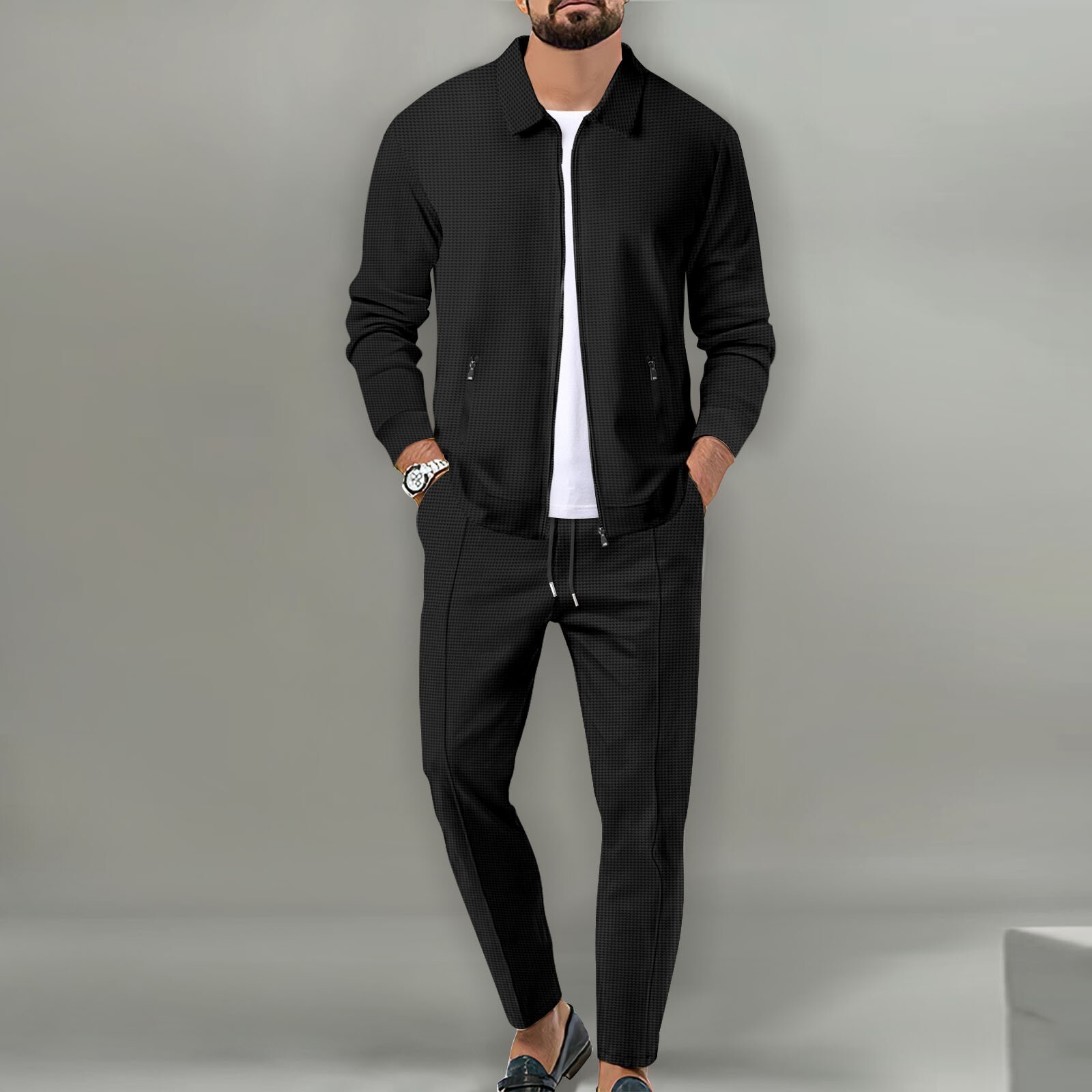 Designer 2026 Men's Spring and Autumn Waffle Zipper Pocket Turn-down Collar Slim Fit Cardigan Jacket Set - view 3