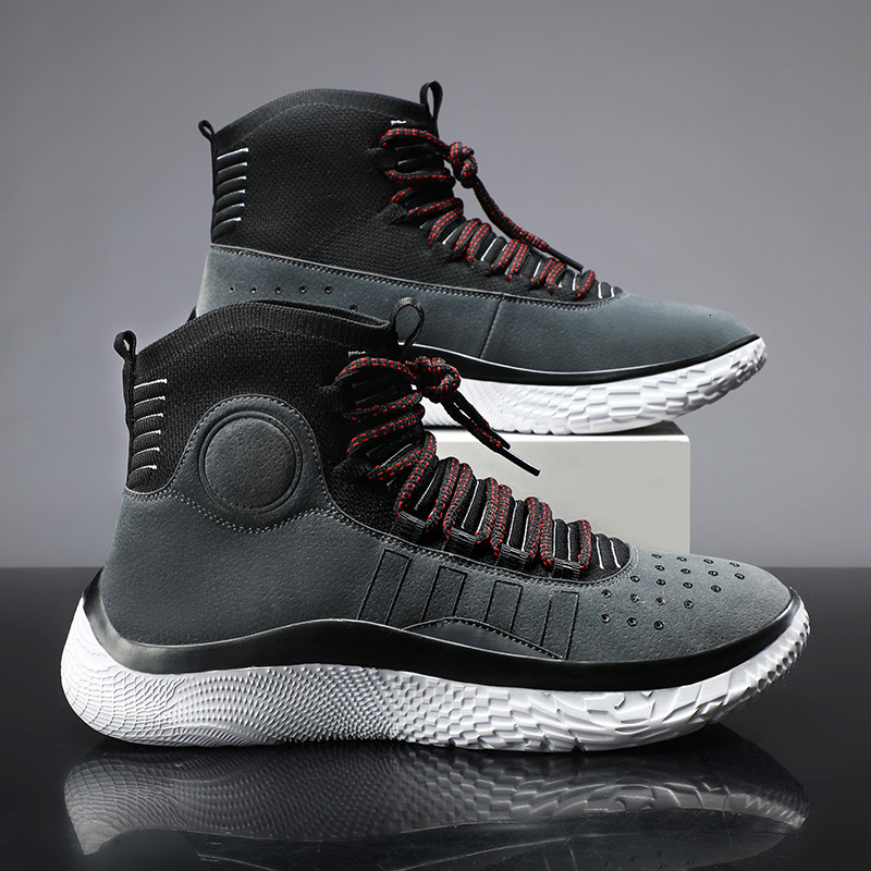 Gray Leather Knit Collar High Top Basketball Shoes Red Black Braided Laces Breathable Perforated Upper White Shock Absorbing Sole Men Sports Sneakers
