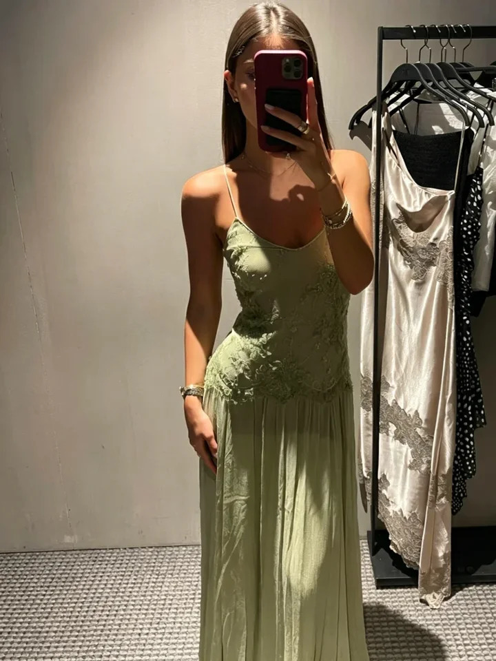 Light Green Lace Applique Maxi Dress Spaghetti Straps Deep V Neckline Tiered Flowy Skirt Elegant Evening Party Vacation Outfit 260714 - view 5