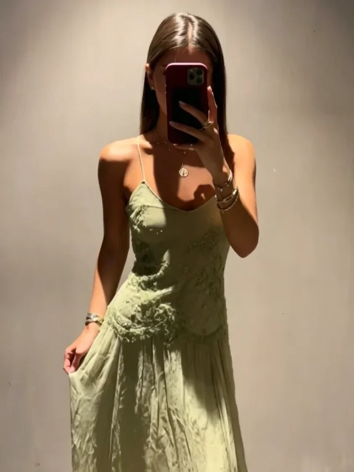 Light Green Lace Applique Maxi Dress Spaghetti Straps Deep V Neckline Tiered Flowy Skirt Elegant Evening Party Vacation Outfit 260714 - view 4