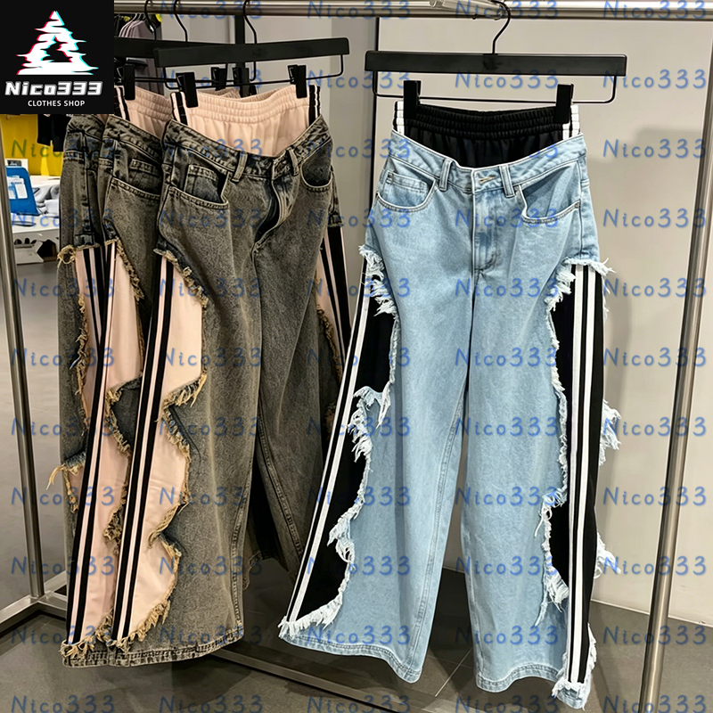 GA Deptts flare splash ink splicing color clashing legs raw edge classic workwear pockets washed classic unisex flared work pants