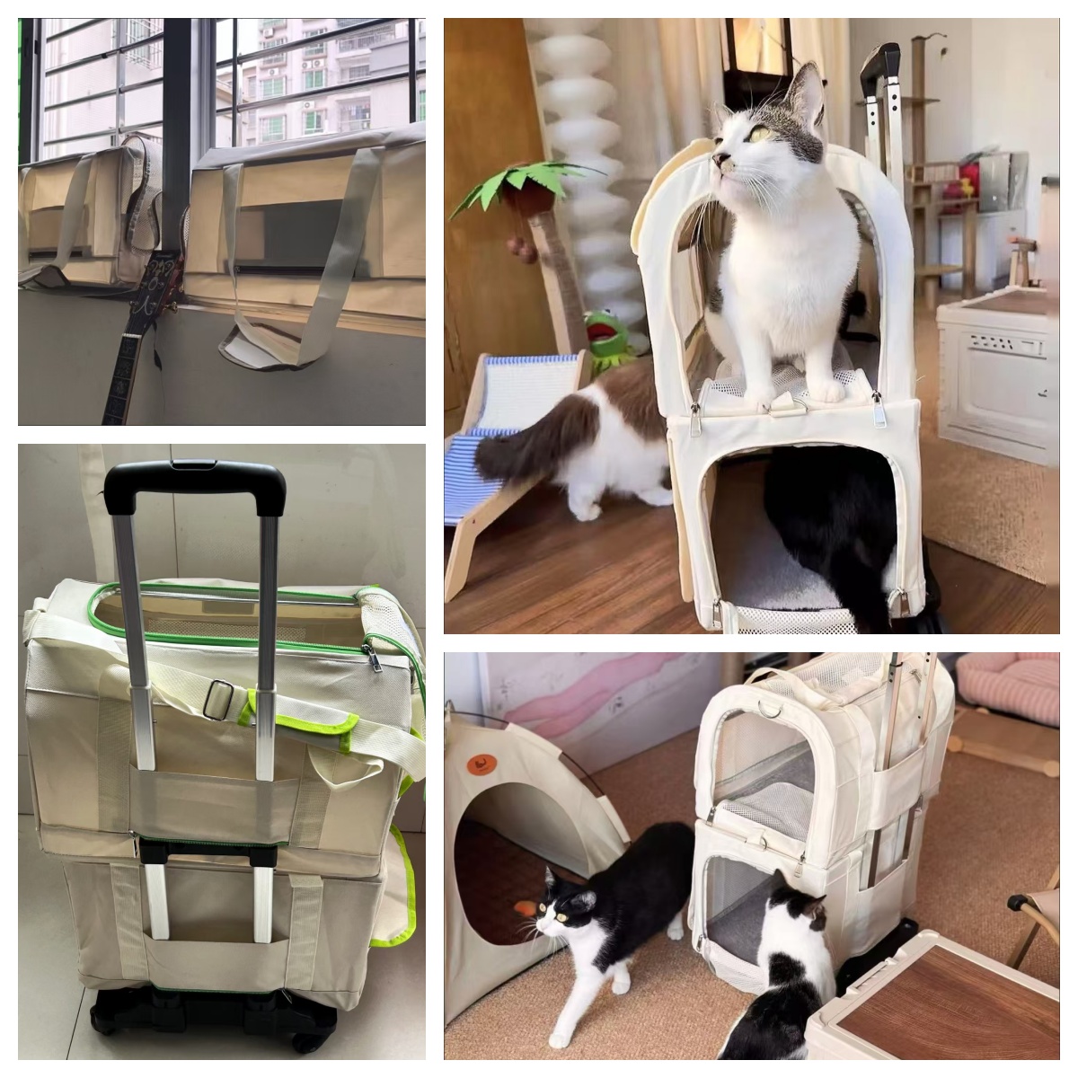 Double Decker Cat Carrier with Wheels LBY, Detachable 2-in-1 Backpack Trolley, Portable Mesh Pet Stroller for Multi-Cat Families