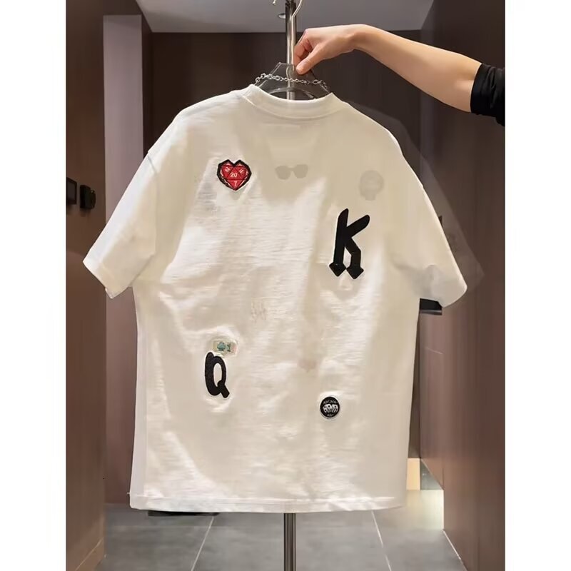 Luxury Designer Multi Patch Embroidery Tee Mixed Skull Heart Poker Graphic Soft Cotton Oversized Short Sleeve Tees Unisex High End Streetwear Daily Su