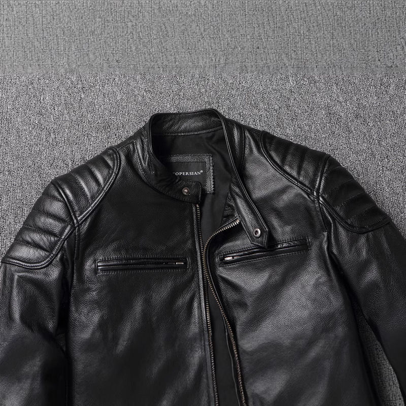 Designer New model premium first layer cowhide stand collar biker youth spring and autumn windproof button up leather jacket for men - view 5