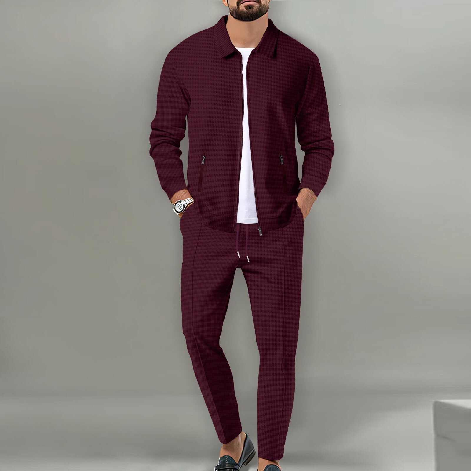 Designer 2026 Men's Spring and Autumn Waffle Zipper Pocket Turn-down Collar Slim Fit Cardigan Jacket Set - view 5