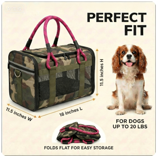 LBY TSA Airline Approved Soft Pet Carrier Tote, Foldable Quilted Dog Cat Travel Bag with Green Rope Handles, Leak-Proof Base Holds Small Pets Up to 20