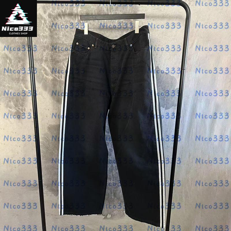 BA Side stripes black and blue classic wash heavyweight loose hundred street men and women trend casual straight jeans