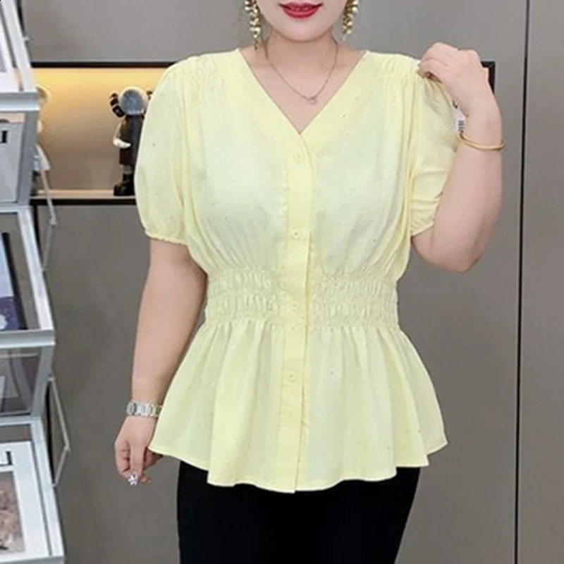 200 Pounds Plus Size Elastic Waist Summer Shirt And Blouse Solid Top Womens In Clothes Simple Vneck French y260711banjia - view 3