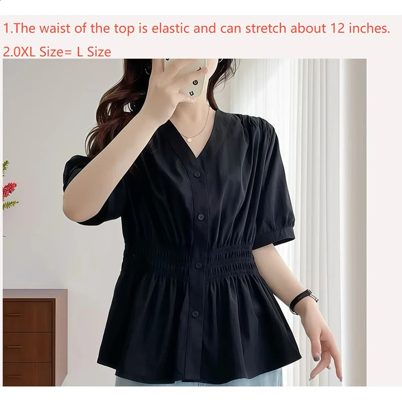 200 Pounds Plus Size Elastic Waist Summer Shirt And Blouse Solid Top Womens In Clothes Simple Vneck French y260711banjia - view 7
