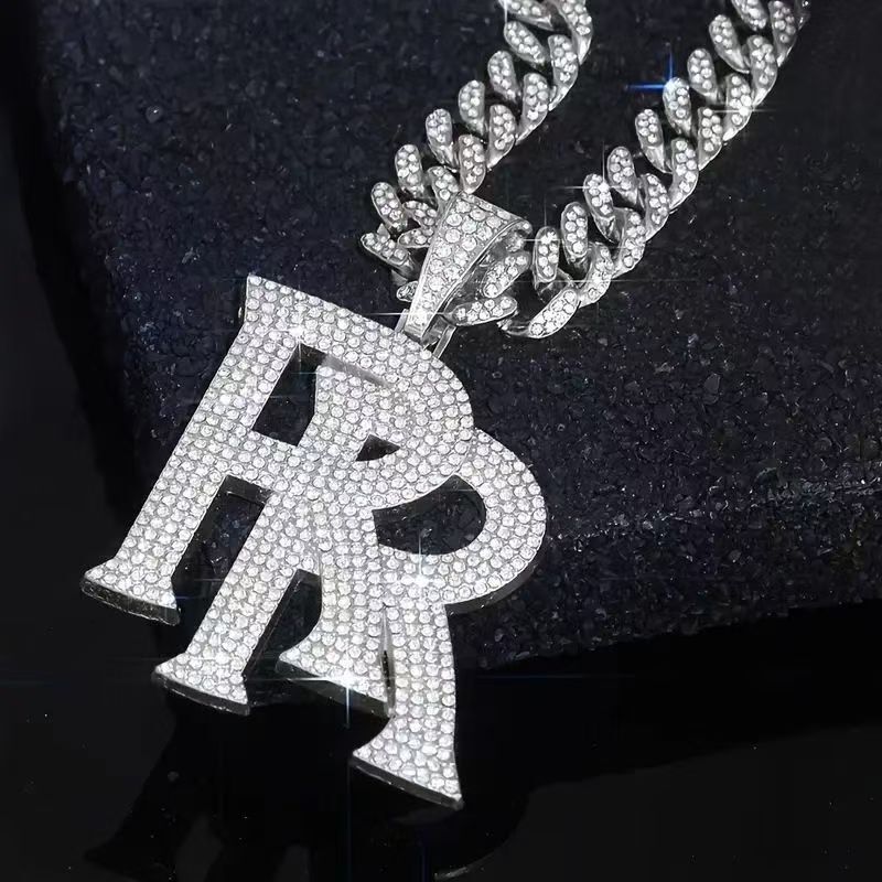 Double RR Letter Pendant Designer Hip Hop Accessory Full Micro Pave Zircon Silver Plated Iced Small Cuban Chain Necklace For Men Street Party Wear - view 4