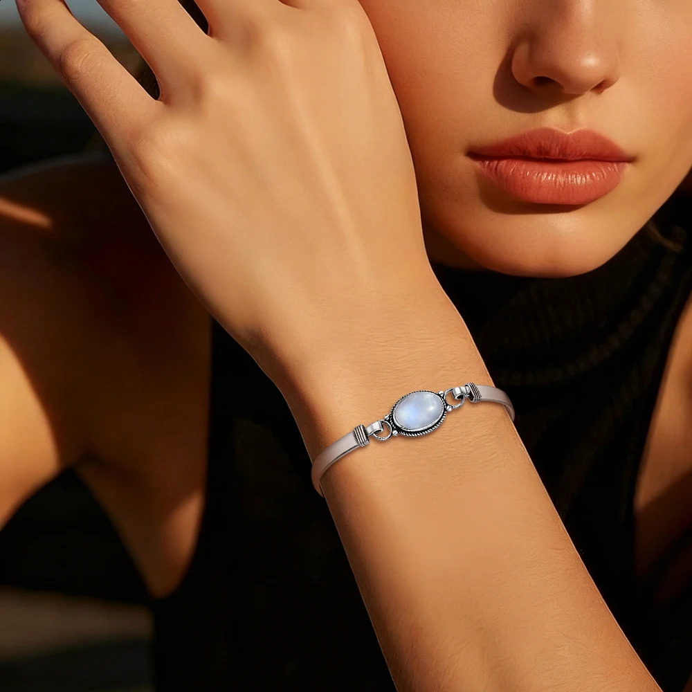 Vintage 925 Silver Natural Oval Moonstone Bangle 75 inches Handmade Bangle Fine Jewelry Valentines Gift for Girlfriend Women260629BJ - view 4