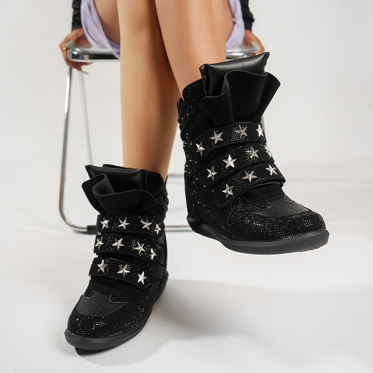 Casual Designer Sneakers Women Luxury Ankle Boots Fashion High Quality Cow Suede Flat Platform Height Increase High-top Shoes Exquisite Rhinestone Ank - view 8