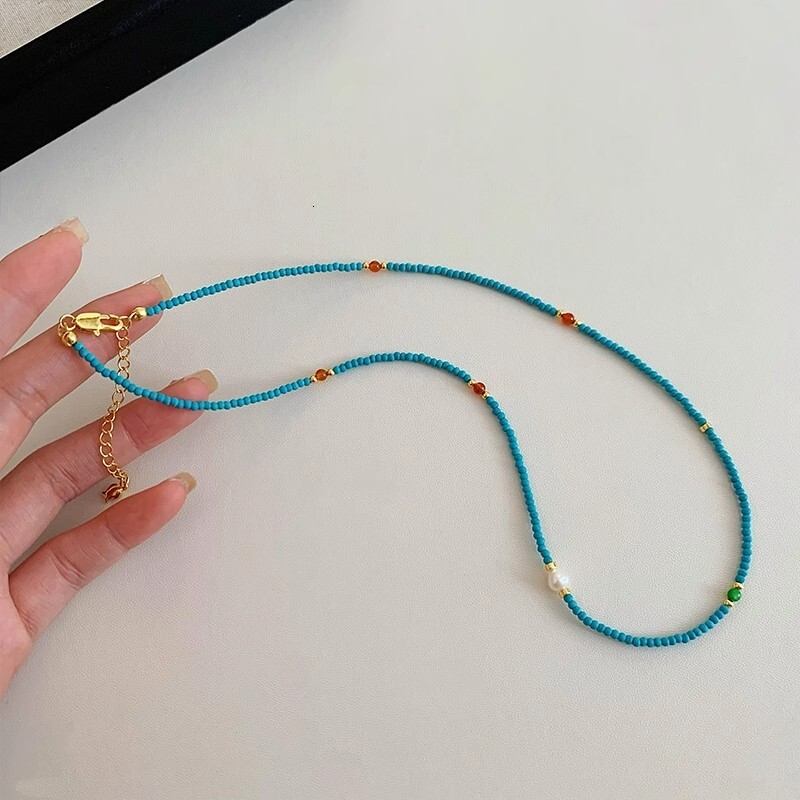 Ultra-fine Natural Freshwater Small Pearl Green Turquoise Beaded Necklace for Women, Light Luxury High-end Niche Collarbone Chain Accessory - view 4
