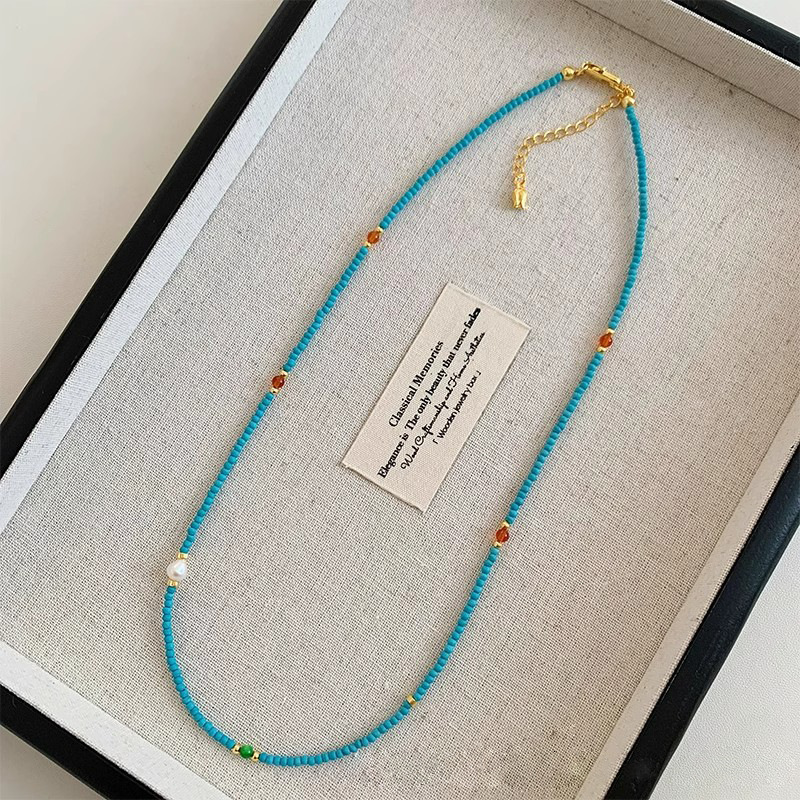 Ultra-fine Natural Freshwater Small Pearl Green Turquoise Beaded Necklace for Women, Light Luxury High-end Niche Collarbone Chain Accessory