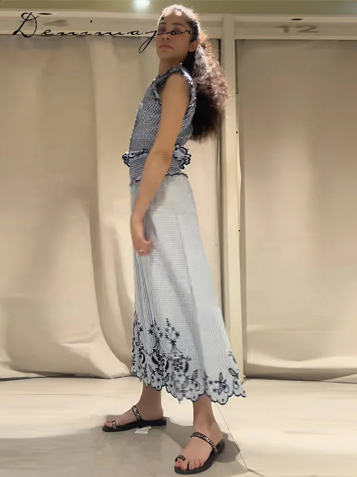 Elegant Lace Trim Top Embroidered Skirt Set Womens Sleeveless O-neck Tops Pleated Long Skirts Summer Lady Casual Wear 260702 - view 7