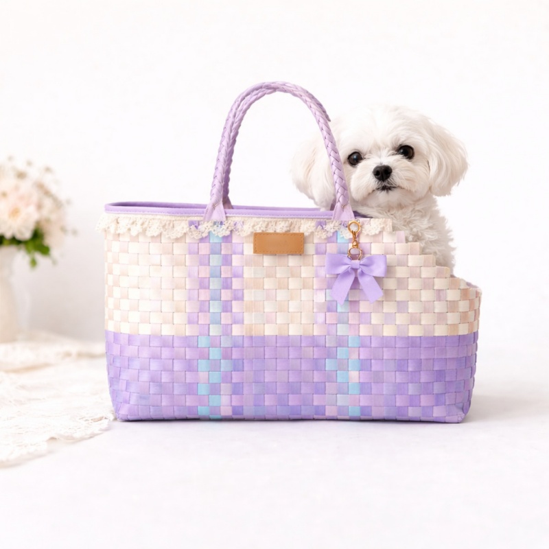 Designer Woven Pet Handbag, Handmade Knit Cat Dog Carrier Tote Gift Bag, Breathable Opening for Pet Head Exposure - view 3