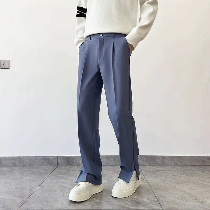 Men Split Hem Style Suit Trousers Solid Color Light y Korean Floorlength Straight Pants Premium Matching Dress 260702