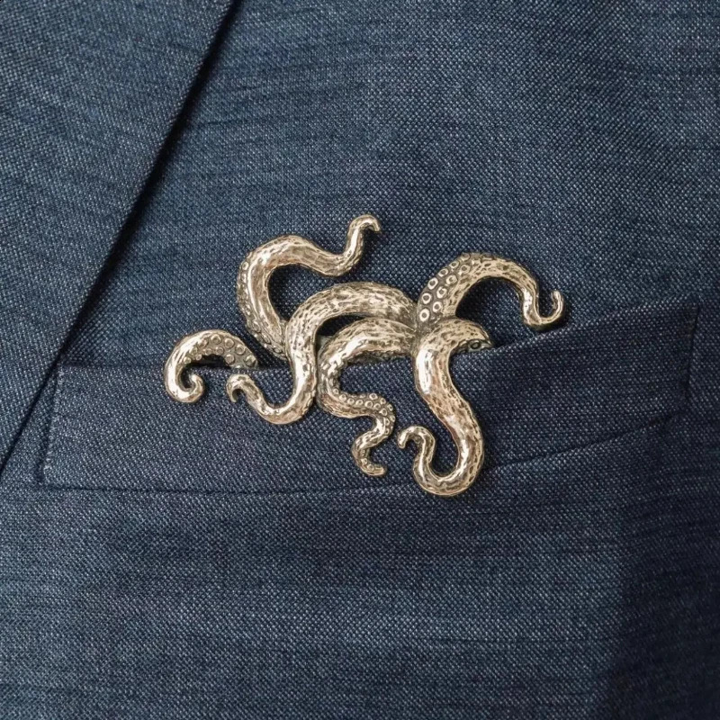Metal pocket square vintage octopus crocodile mens suit punk-style brooch heavy-duty accessory pin 260701