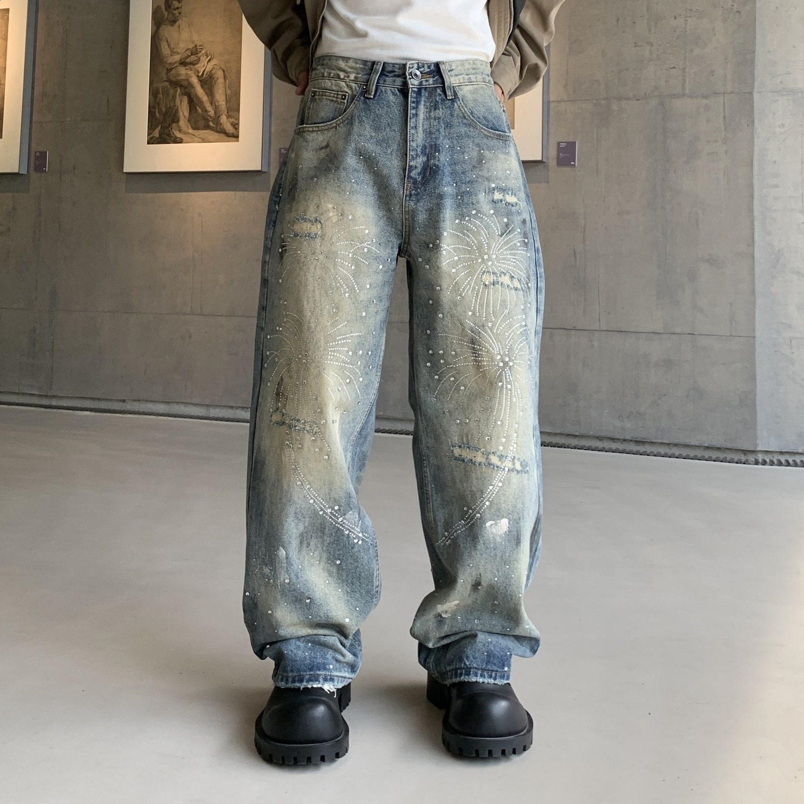 2023 Spring Trendy Brand Jeans Mens Light Grey Heavy duty Hot Diamond Fashion Casual Slim fit Small Leg Pants241206 - view 5