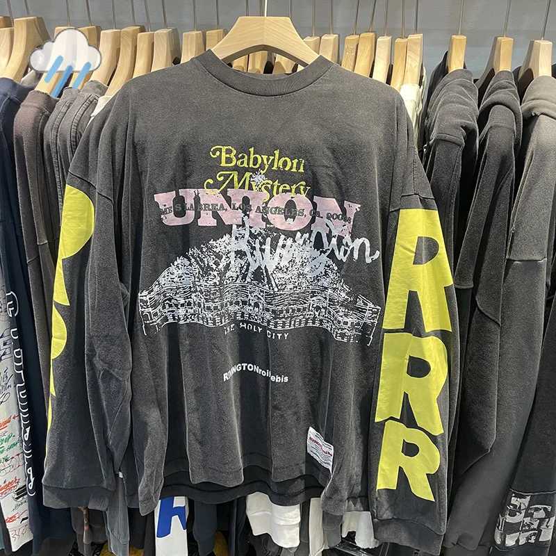 Quality Cotton Vintage Washed Best Black Oversized Long Sleeved T-Shirt Letters Graphics Print Yellow RRR123 T Shirt Tags X260703 - view 3