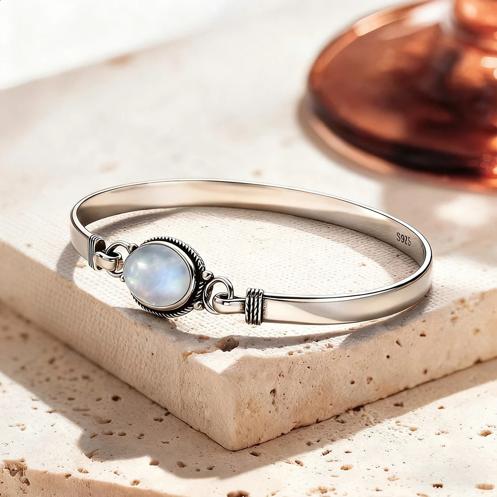 Vintage 925 Silver Natural Oval Moonstone Bangle 75 inches Handmade Bangle Fine Jewelry Valentines Gift for Girlfriend Women260629BJ