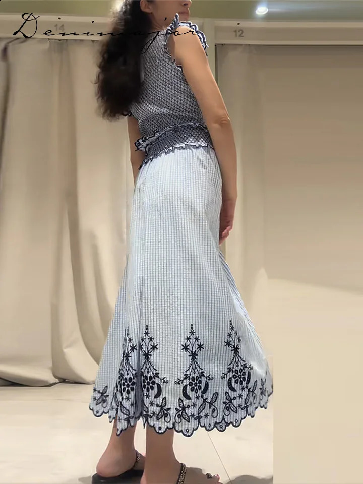 Elegant Lace Trim Top Embroidered Skirt Set Womens Sleeveless O-neck Tops Pleated Long Skirts Summer Lady Casual Wear 260702 - view 6