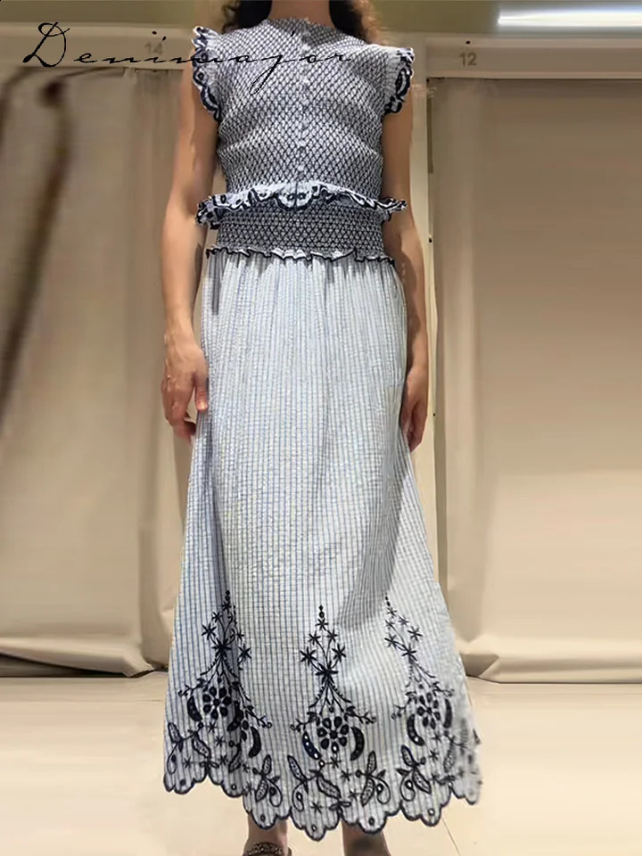 Elegant Lace Trim Top Embroidered Skirt Set Womens Sleeveless O-neck Tops Pleated Long Skirts Summer Lady Casual Wear 260702 - view 4