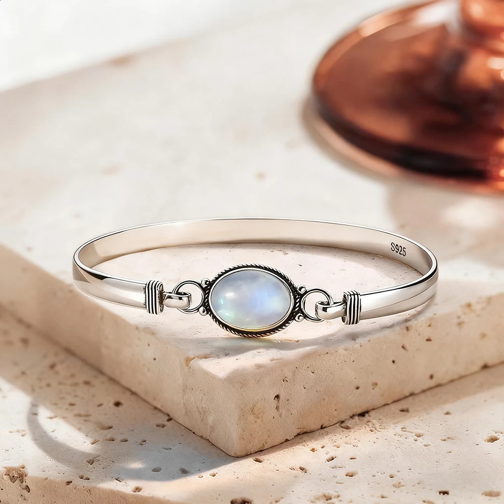 Vintage 925 Silver Natural Oval Moonstone Bangle 75 inches Handmade Bangle Fine Jewelry Valentines Gift for Girlfriend Women260629BJ - view 5