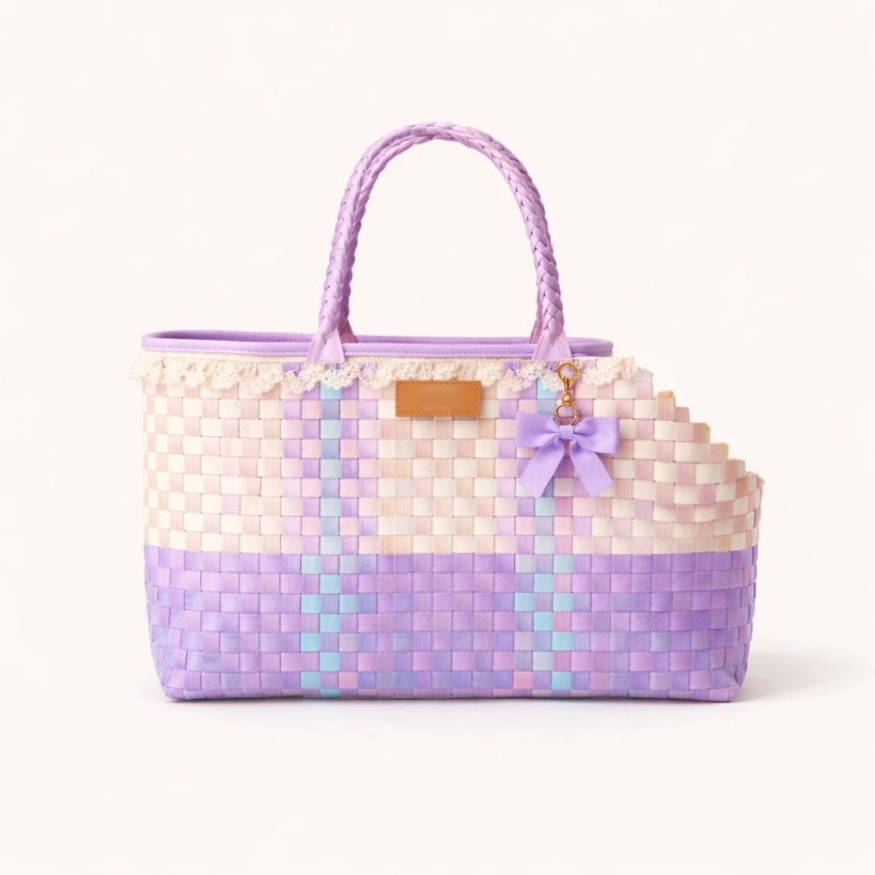 Designer Woven Pet Handbag, Handmade Knit Cat Dog Carrier Tote Gift Bag, Breathable Opening for Pet Head Exposure - view 6