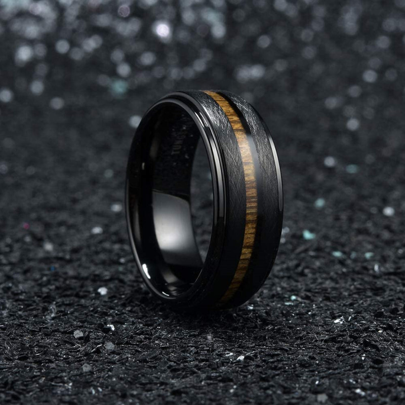 Tungsten Wood Inlay Wedding Band Designer Minimalist Accessory Silver Polished Grooved Edge Comfort Fit Finger Ring For Men Casual Ceremony Wear - view 4
