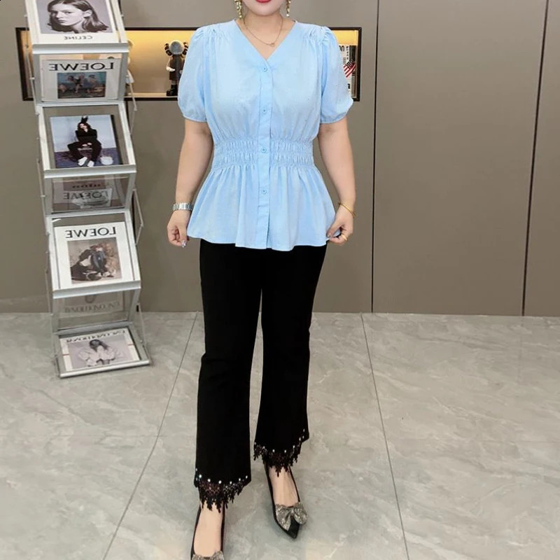 200 Pounds Plus Size Elastic Waist Summer Shirt And Blouse Solid Top Womens In Clothes Simple Vneck French y260711banjia - view 6
