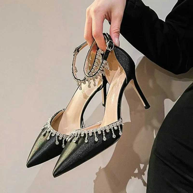 Bridesmaid Comemore Wedding 2026 White Shoes Satin Fashion Rhinestone Fringe Chain High Heels Black Temperament Elegance Pumps H260703 - view 5