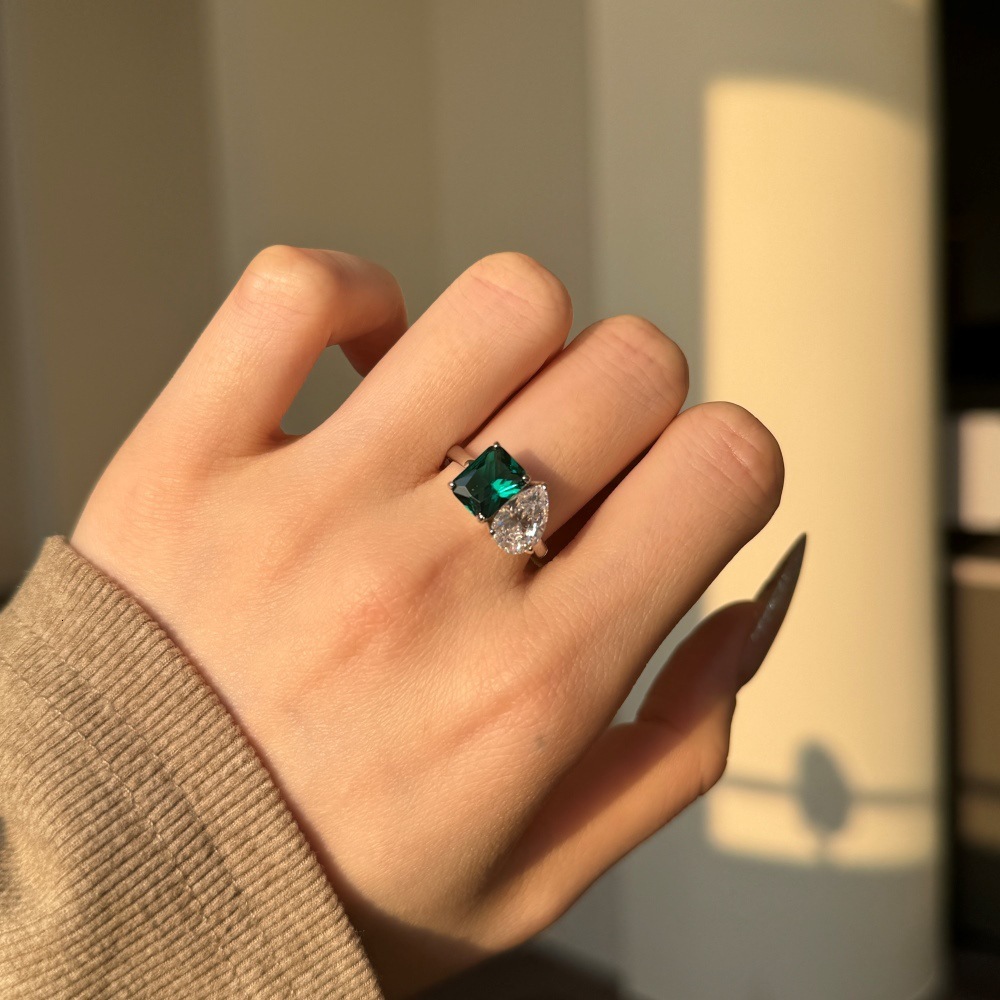 925 Sterling Silver Two Stone Emerald Pear CZ Jewelry Set Square Green Gem Necklace Ring Stud Earrings For Women Bridal Wedding - view 4