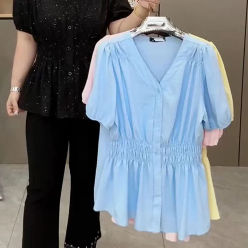 200 Pounds Plus Size Elastic Waist Summer Shirt And Blouse Solid Top Womens In Clothes Simple Vneck French y260711banjia - view 4