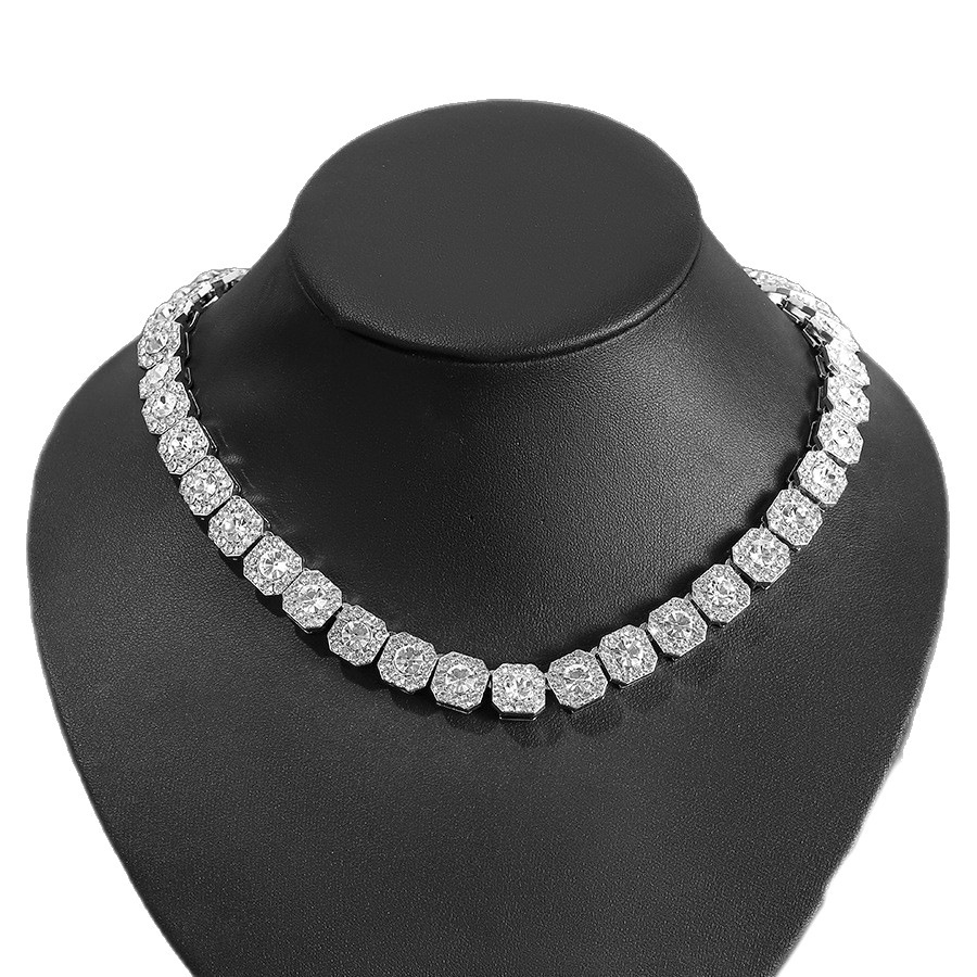 Square Halo Tennis Choker Necklace Designer Hip Hop Accessory Silver Plated Full Zircon Single Row Bling Chain For Party Stage Performance Wear