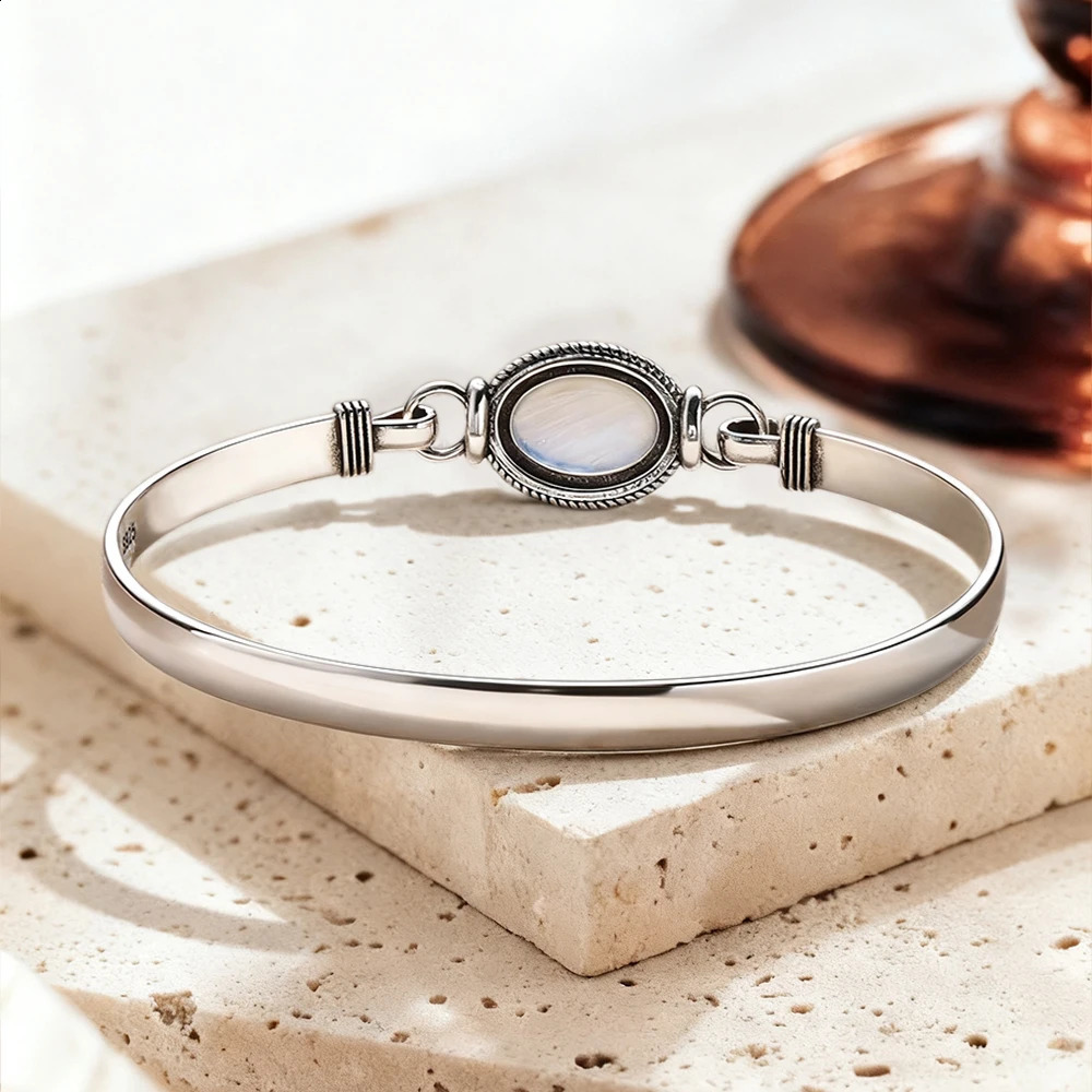 Vintage 925 Silver Natural Oval Moonstone Bangle 75 inches Handmade Bangle Fine Jewelry Valentines Gift for Girlfriend Women260629BJ - view 6