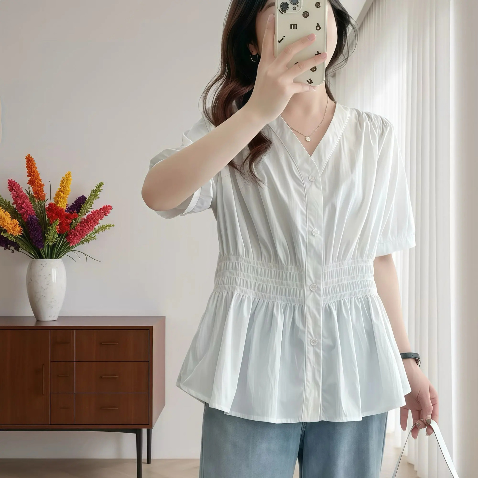 200 Pounds Plus Size Elastic Waist Summer Shirt And Blouse Solid Top Womens In Clothes Simple Vneck French y260711banjia - view 5