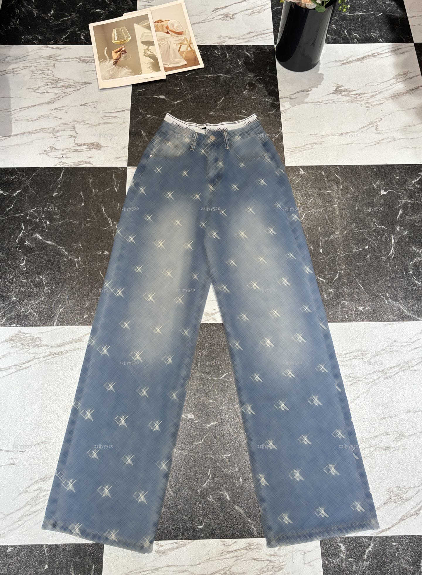Brand women designer clothes four Seasons lady letter print high waisted straight leg jeans trousers A234X05N253