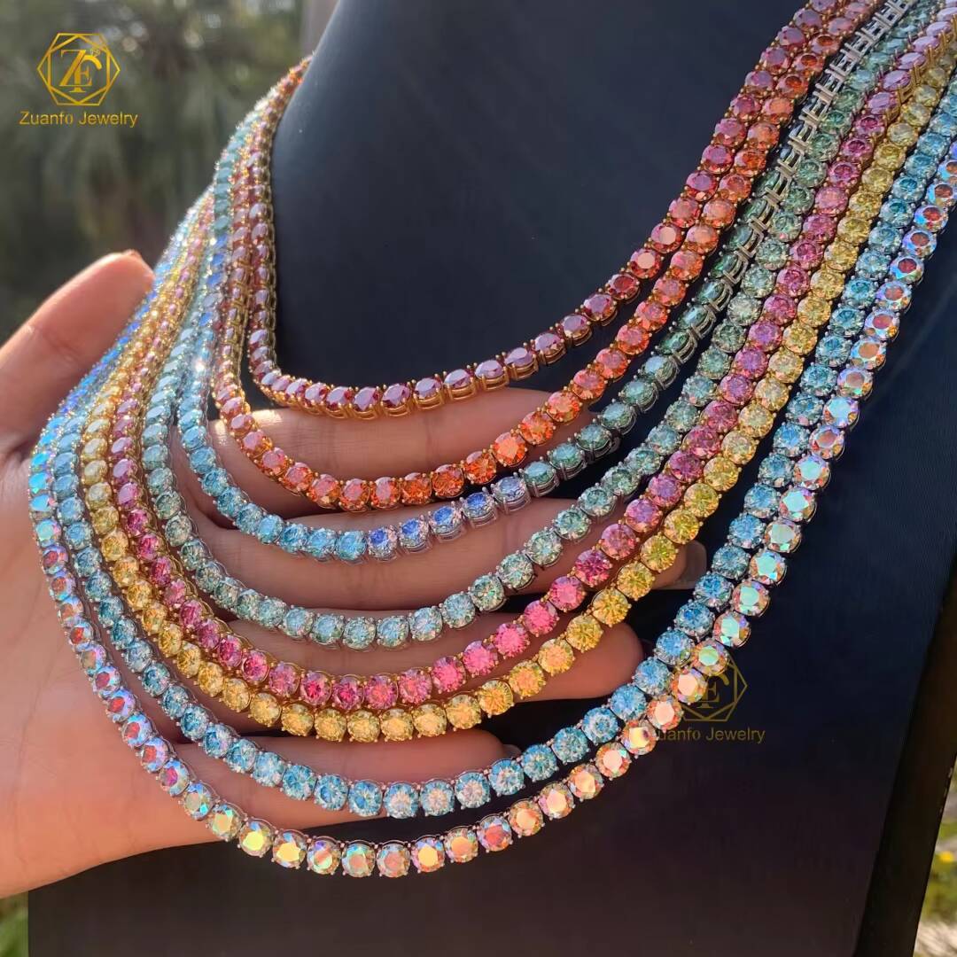 Ice Out 925 Sterling Silver 5mm Moissanite Tennis Chain Necklace in Red Blue Pink Yellow Colors Pass diamond Tester - view 4