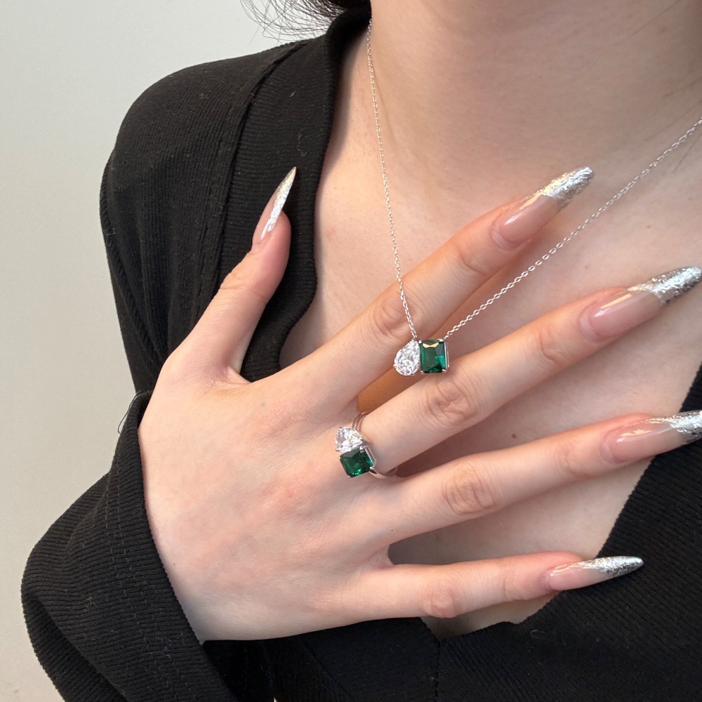 925 Sterling Silver Two Stone Emerald Pear CZ Jewelry Set Square Green Gem Necklace Ring Stud Earrings For Women Bridal Wedding - view 3