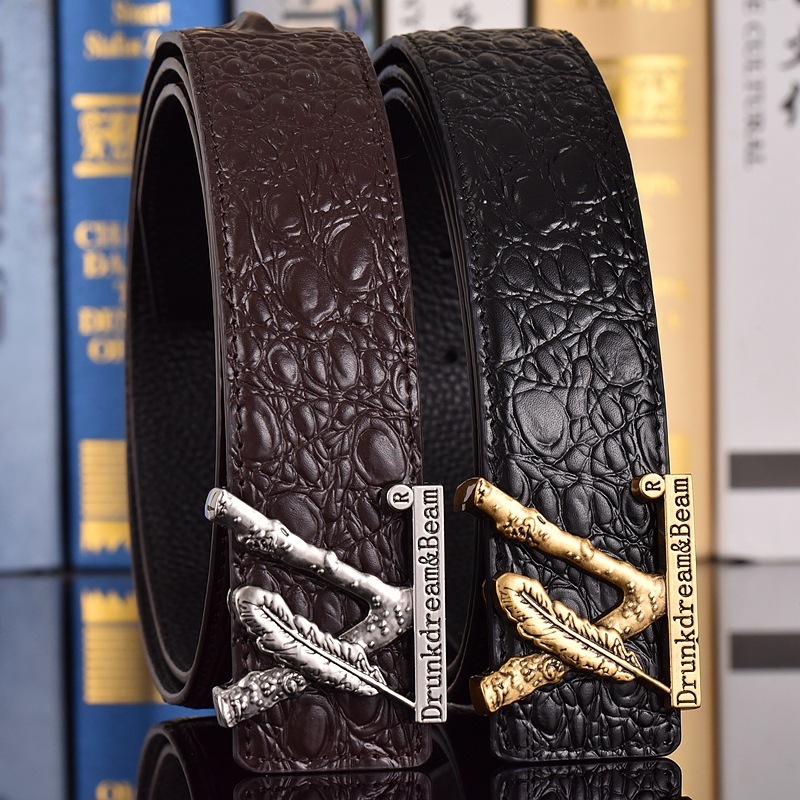 Luxury Crocodile Pattern For Men Genuine Leather Inner Trendy Cowhide S Smooth Buckle Trouser Belt Tiktok Internet Celebrity - view 3