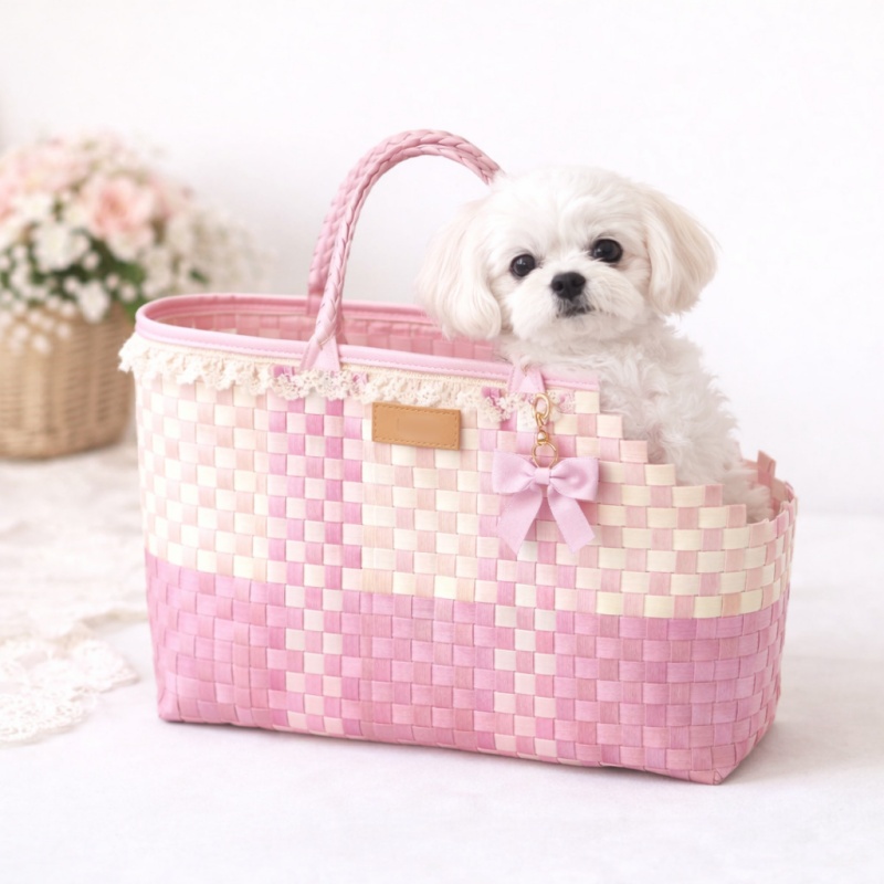 Designer Woven Pet Handbag, Handmade Knit Cat Dog Carrier Tote Gift Bag, Breathable Opening for Pet Head Exposure - view 5